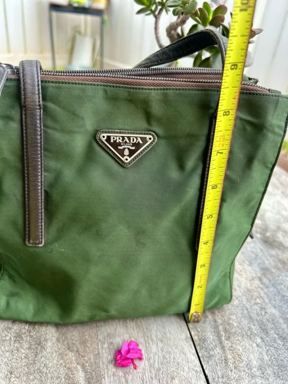 Authentic Prada  Vintage Olive Green Nylon Tote with Dark Brown Leather Straps - Picture 15 of 16